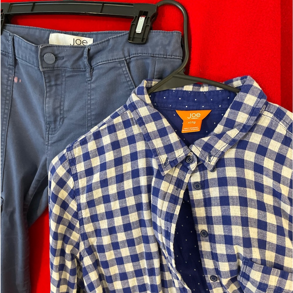 Brand: Joe
Pants Size: 8 (Light Blue) 
Blouse Size: XL (Light Blue and White)